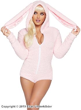Bunny (woman), teddy costume, hood, front zipper, tail, ears